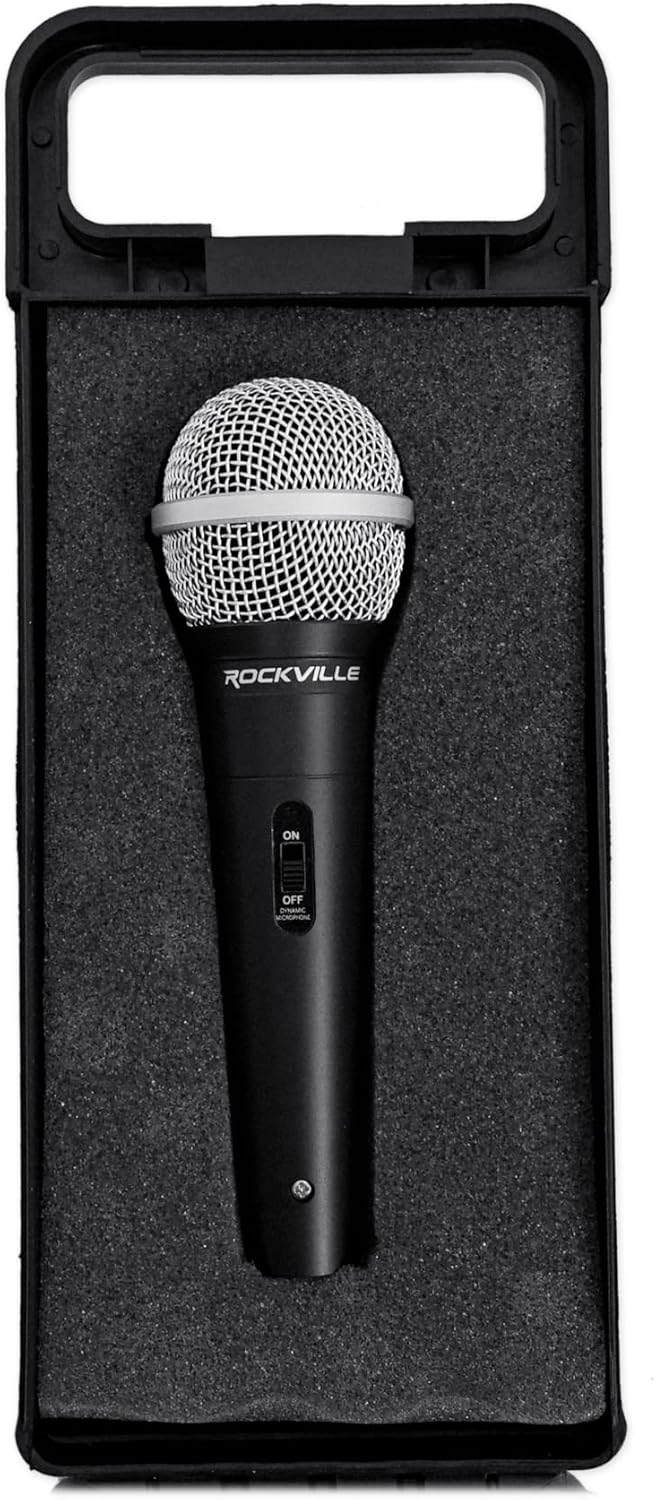 Rockville RMM-XLR Super Cardioid Dynamic Microphone, 600 Ohm, Metal Body, On/Off Switch, 10ft XLR Cable, Black Finish, for Live Performances and Vocals, 4-Piece