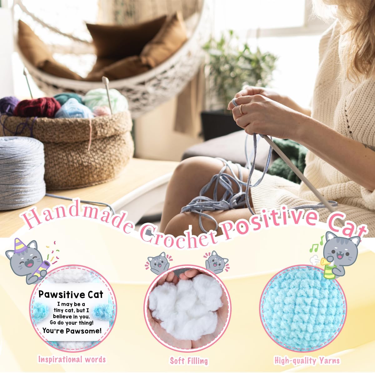 Positive Crochet Cats Emotional Support Stuffed Animals,Knitted Cats Plush with Positive Messages Birthday Gift for Cat Lovers Cheer Up Desk Decor Christmas White Elephant Gift image 4