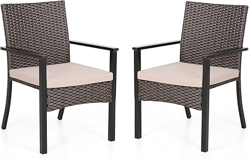 PHI VILLA Juego de 2 sillas de mimbre para exteriores, sillones de metal cubiertos de ratán con cojín extraíble, juego de muebles resistentes para