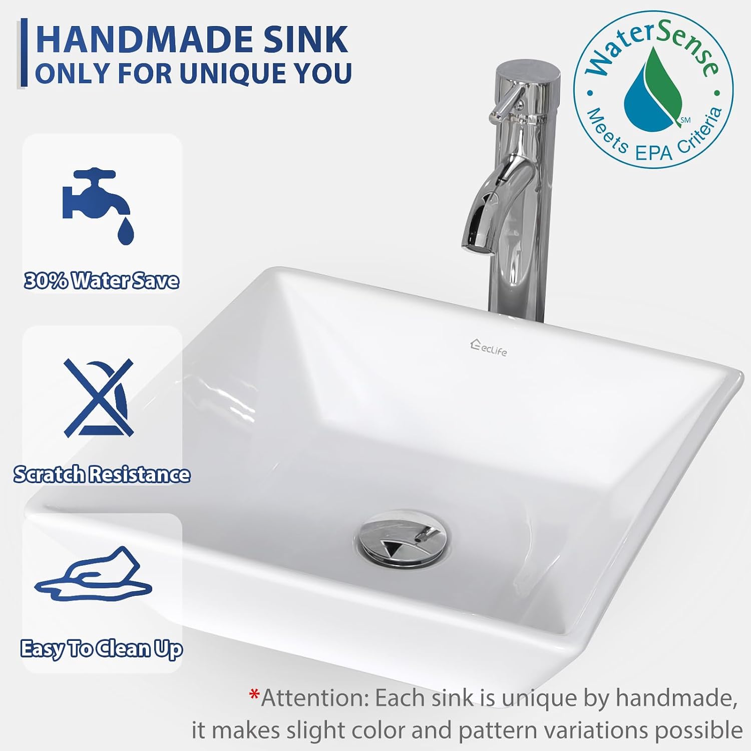 eclife 60" Modern Bathroom Vanity Sink Combo Freestanding Cabinet with Small Side Cabinet, White Square Ceramic Vessel Sink, Water Save Faucet, Drain (Black+A07)