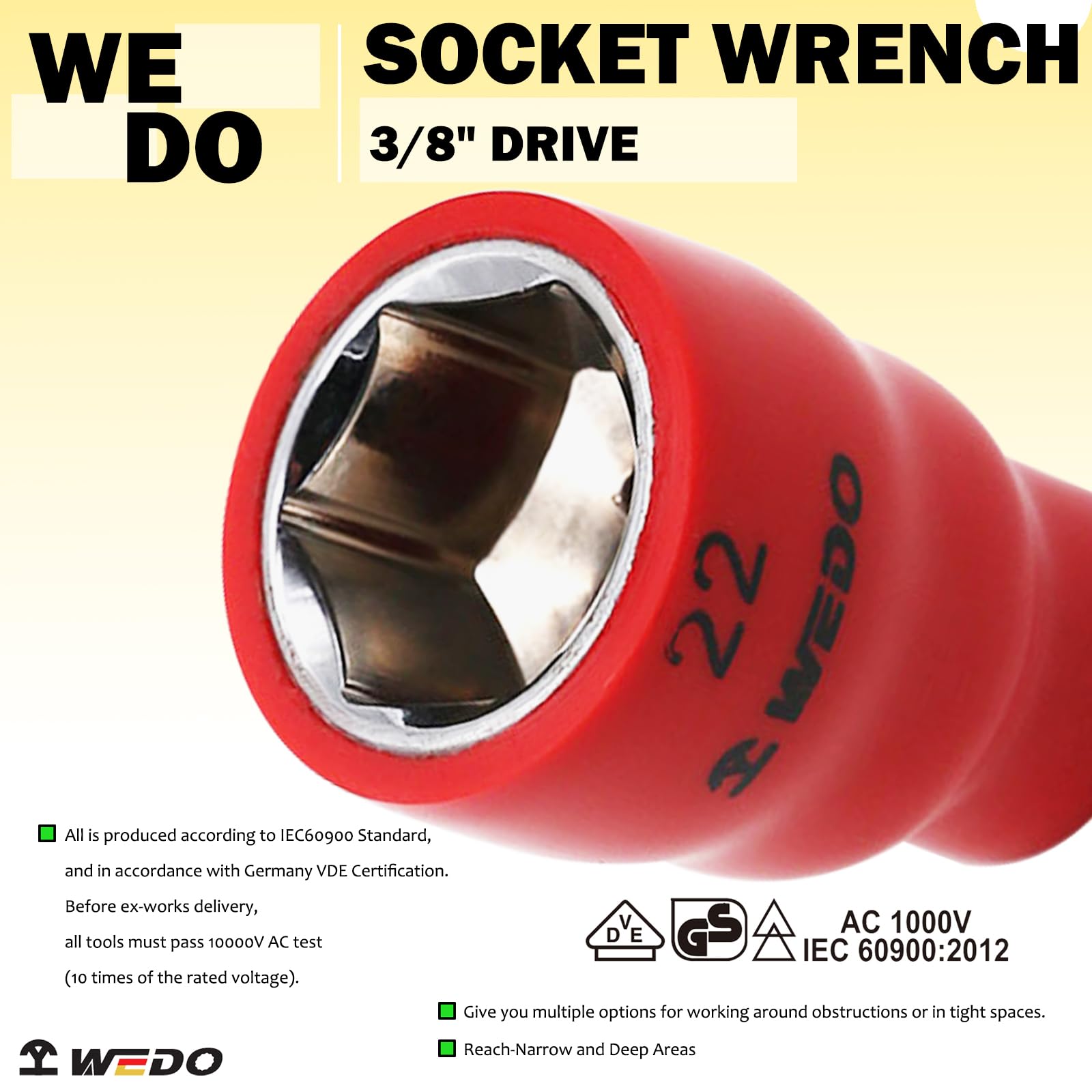 WEDO Isolierter Steckschlüsseleinsatz 12 Mm, 3/8" Antrieb, VDE 1000V – Für Elektroarbeiten