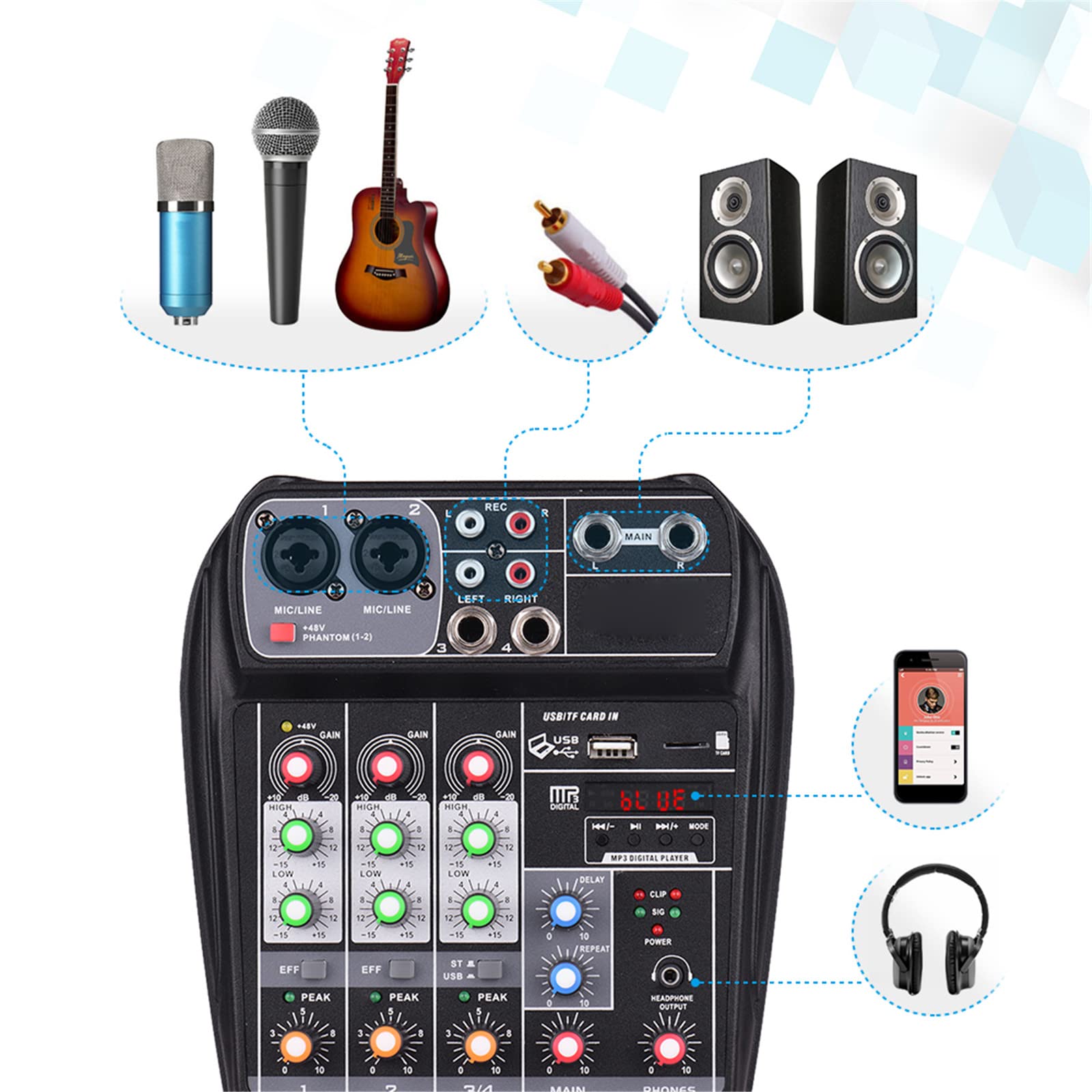 Banchi di missaggio da Studio Console di missaggio compatta Mixer Audio Digitale 4 canali Bluetooth MP3 Ingresso USB per Registrazione di Musica DJ Network Trasmissione Live Karaoke