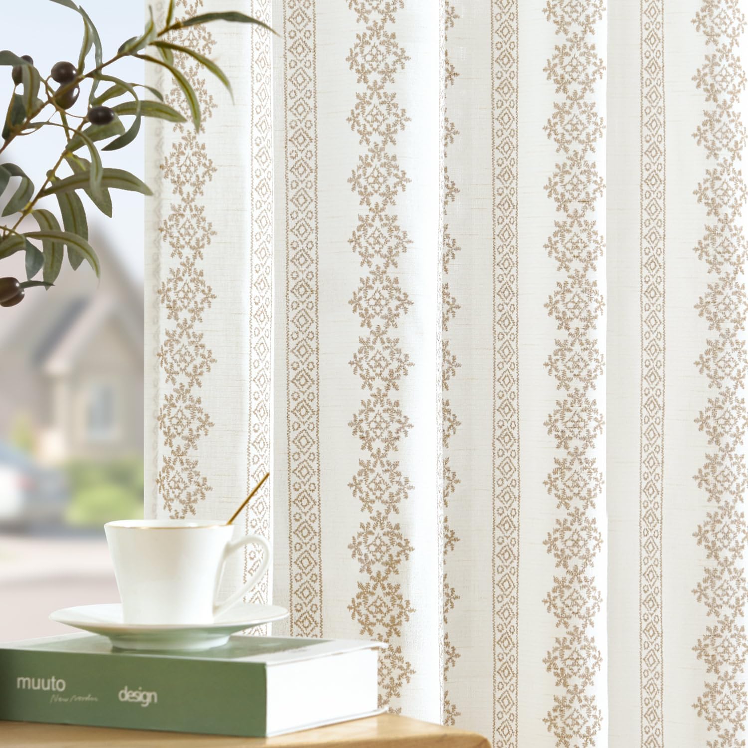 jinchan Boho Linen Blend Curtains 63 Inch Length Country Farmhouse Living Room Window Treatments Taupe on White Print Rod Pocket Back Tab Geometric Light Filtering Drapes 2 Panels