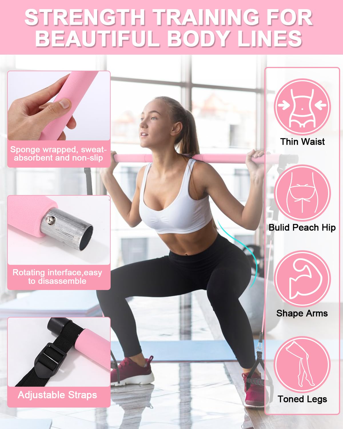 Fitnessbänder Pilates Bar Set mit 6 Widerstandsbänder (20/25/30 Lbs) Verstellbare Resistance Bands Pilates Stange, Fitnessband mit Türanker, Griffe, Knöchelriemen, Pilates Set für Home Gym Yoga