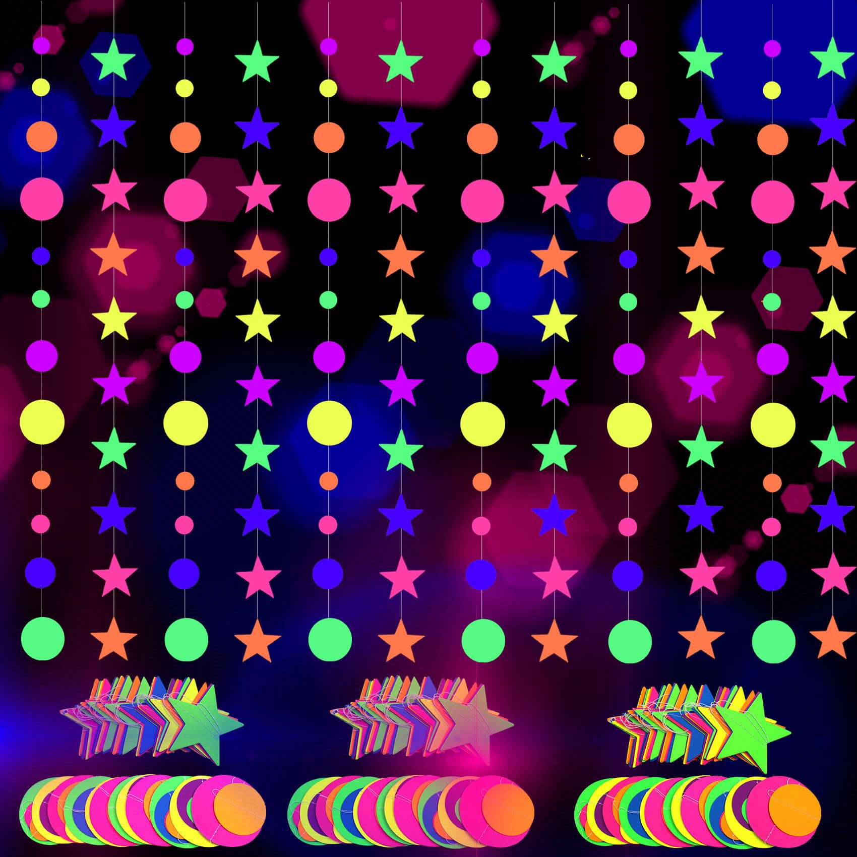 108feet Neon Paper Circle Dots Star Kit Garland Glow in The Dark Party Supplies Round Banner UV Reactive Streamers for Neon Party Decorations Wedding Birthday Black