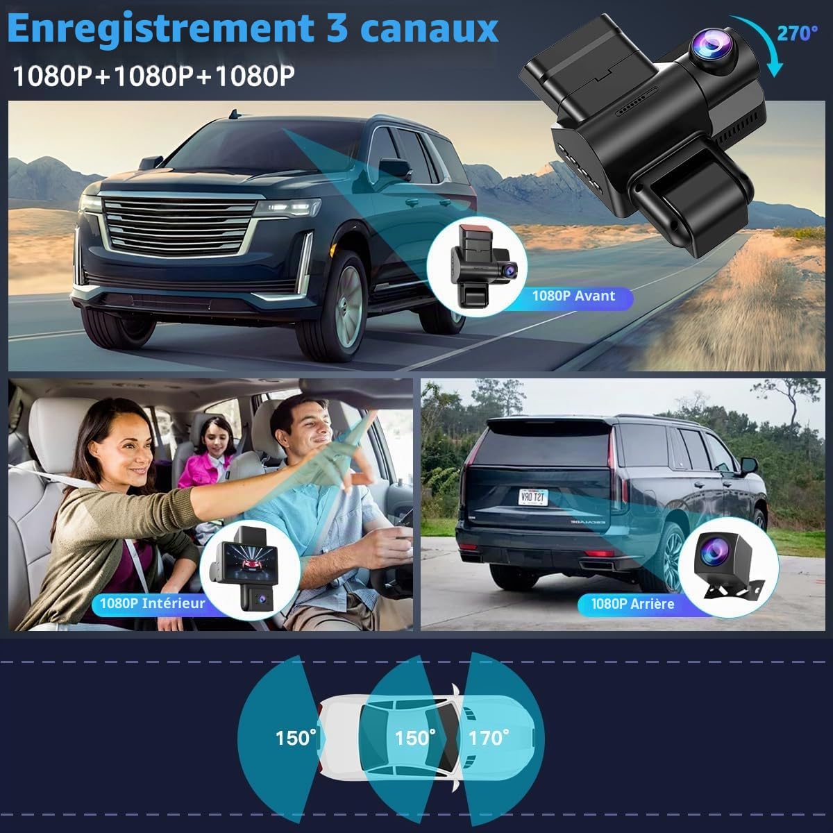 Caméra embarquée Avant arrière avec Surveillance du stationnement, caméra 2K + 1080P avec Carte SD 32 Go, détection de Mouvement, Vision Nocturne Infrarouge, capteur
