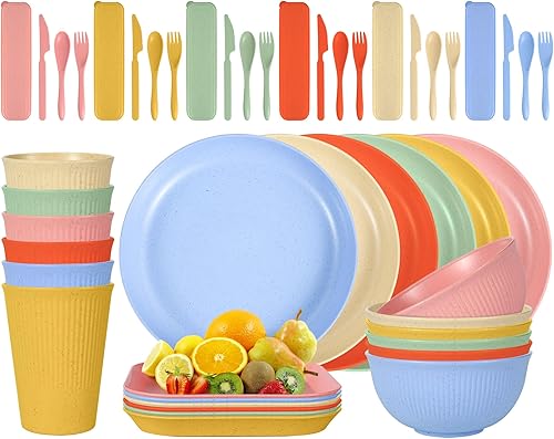 Miniatura 1 de Juego de vajilla de paja de trigo de 48 piezas, platos irrompibles y reutilizables, cuencos, vasos, cuchillos, tenedores, cucharas, servicio para 6,