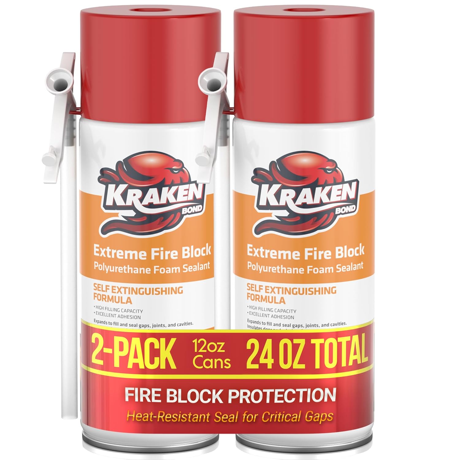 Kraken Bond Extreme Orange Fire Block Foam - (12x12oz) Fire Rated Polyurethane Spray for Gap Filling, Sealing on Windows, Walls, Joints & Pipes, Straw Use High Expansion Fire Proof Foam - 12 Pack
