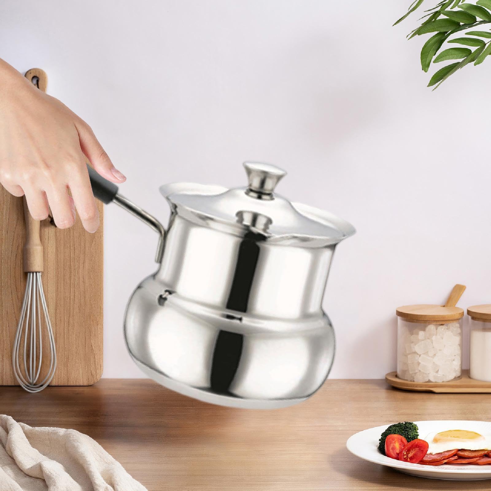 Amagogo Cafetera de Acero Inoxidable, Cafetera Turca, Calentador de Leche, Pequeña Portátil Universal, Sartén para Derretir Chocolate con Mango Cómod, Forma de tambor 720ml, tal como se describe