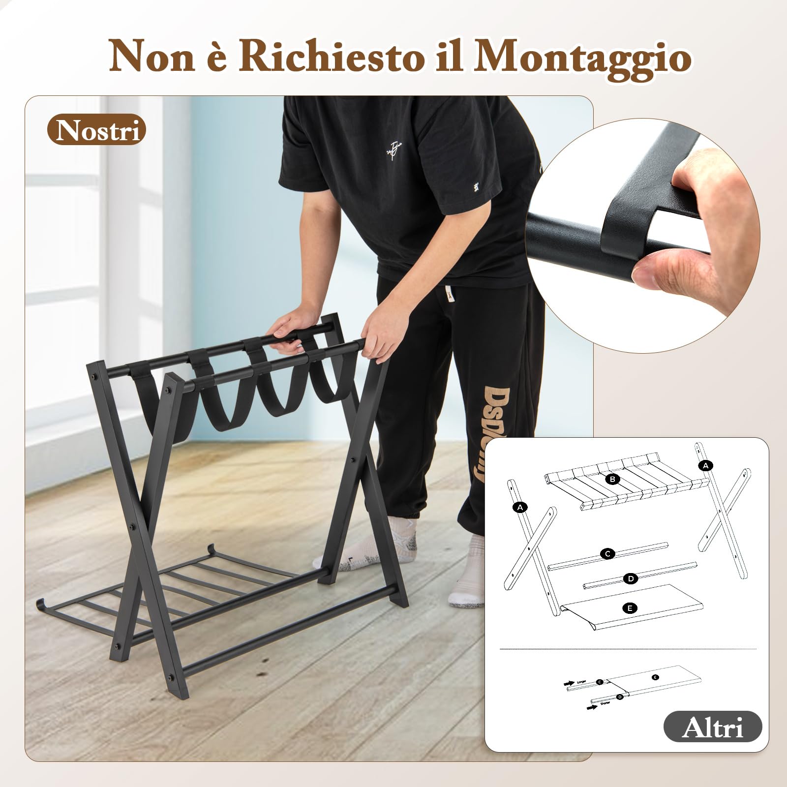 COSTWAY Portavaligie Pieghevole a 2 Ripiani in Metallo 68x43x56 cm Nero