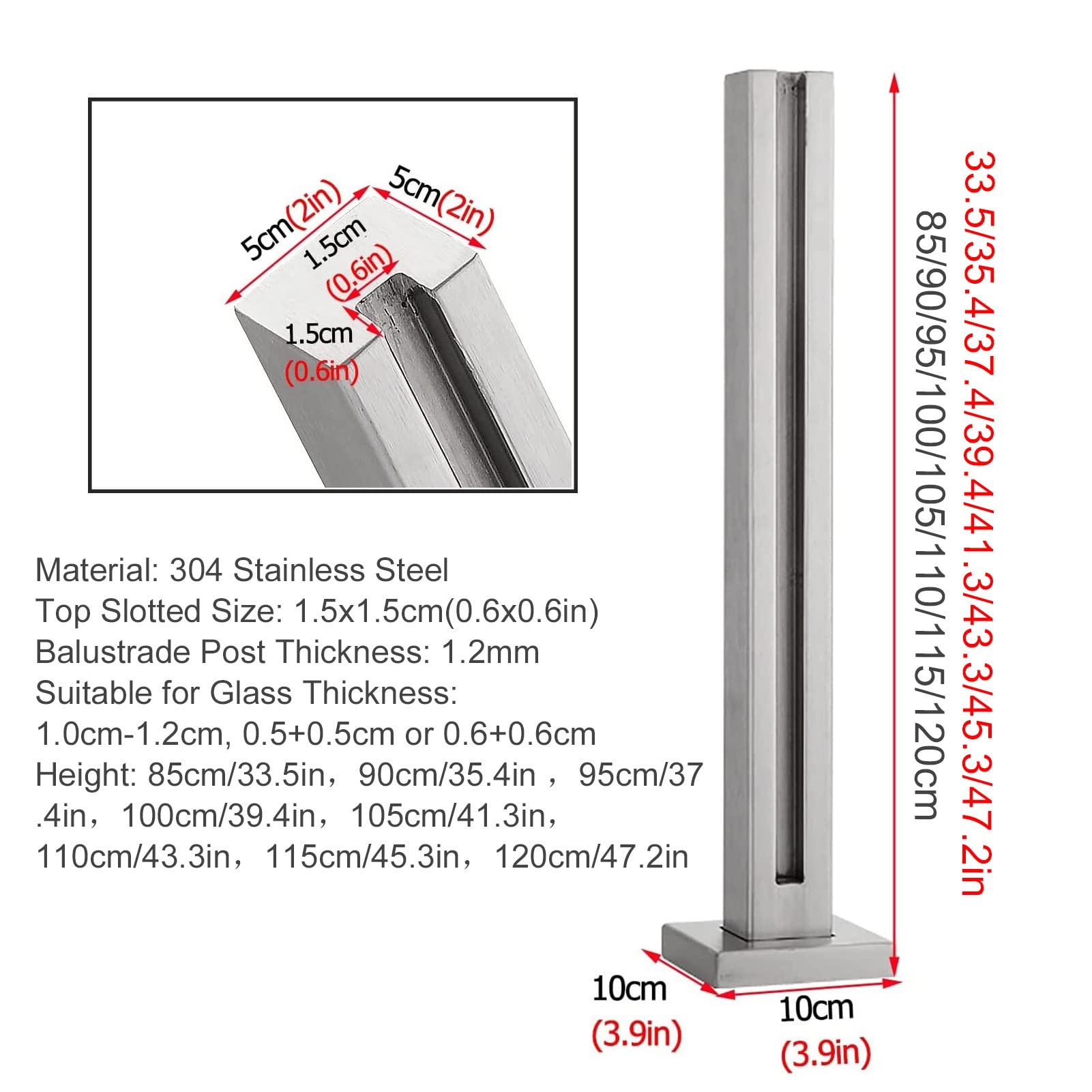 Sistema di ringhiera in vetro in acciaio inossidabile 39.4 "Paletti di guardavia per scale con slot interni da 15 mm Colonne grigie resistenti per la sicurezza e lo stile