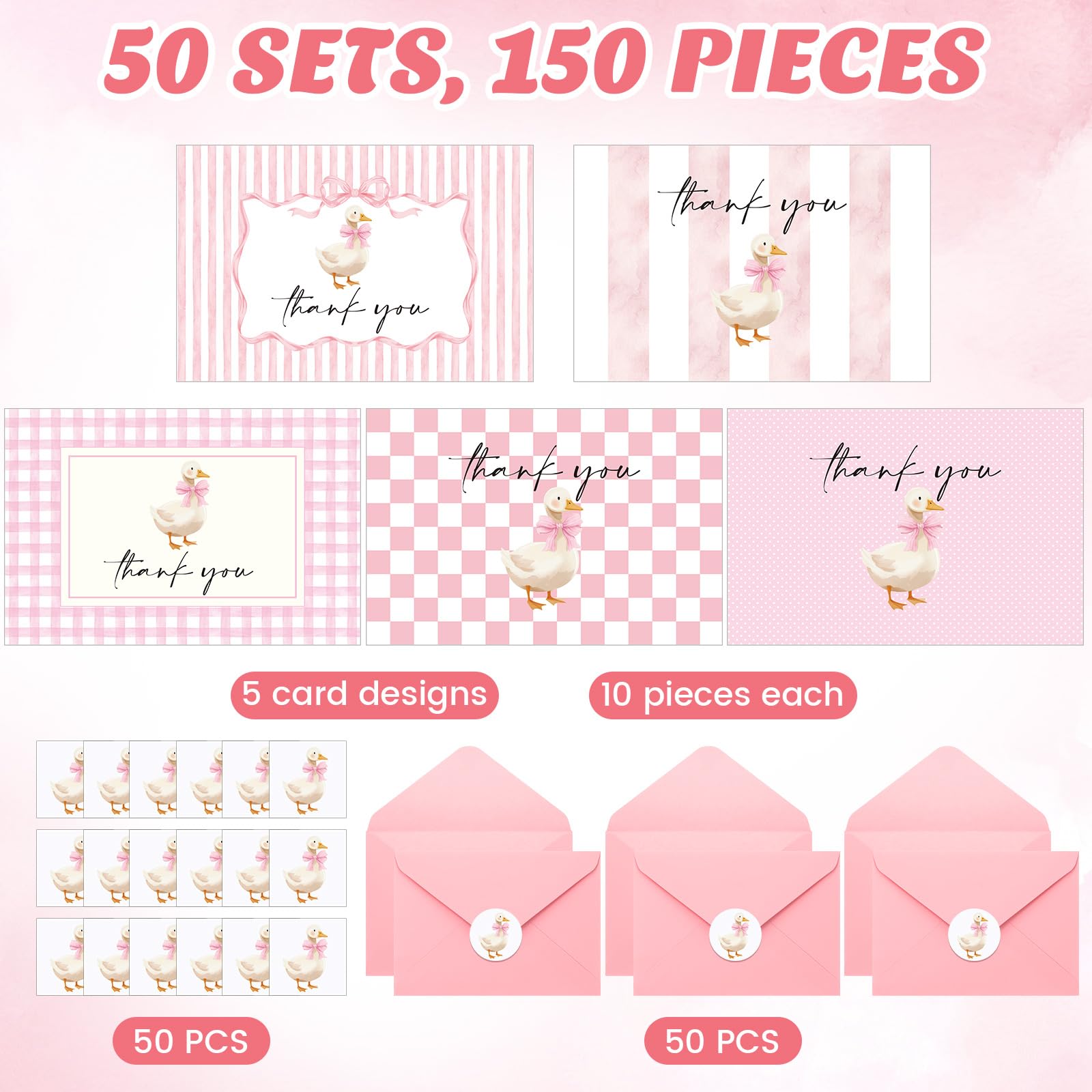 Sabary Pink Goose Lot de 50 cartes de remerciement avec enveloppes et autocollants Motif nœud élégant en vrac 10,2 x 15,2 cm Carte de vœux vierges pour fête prénuptiale, mariage, fête d'anniversaire