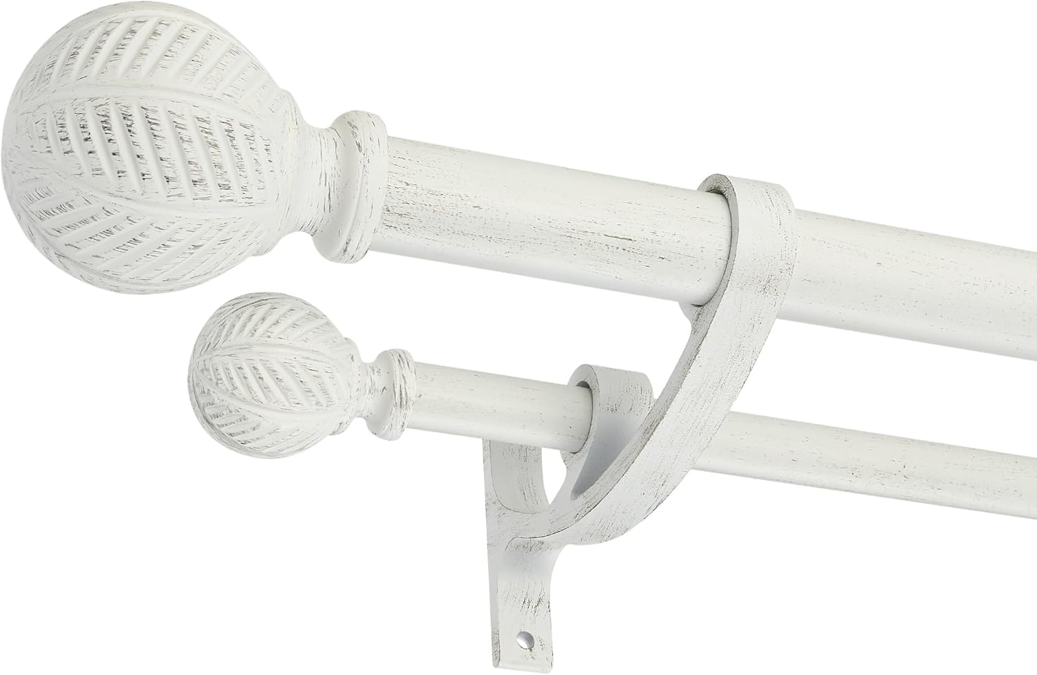 Wood Double Curtain Rods Set for Windows 140 to 164 Inches (11 to 14 ft), Adjustable Heavy Duty Dual Drapery Rods, 1 Inch Boho Rustic Decorative Design with Imitation Wood Grain Leaf Finials