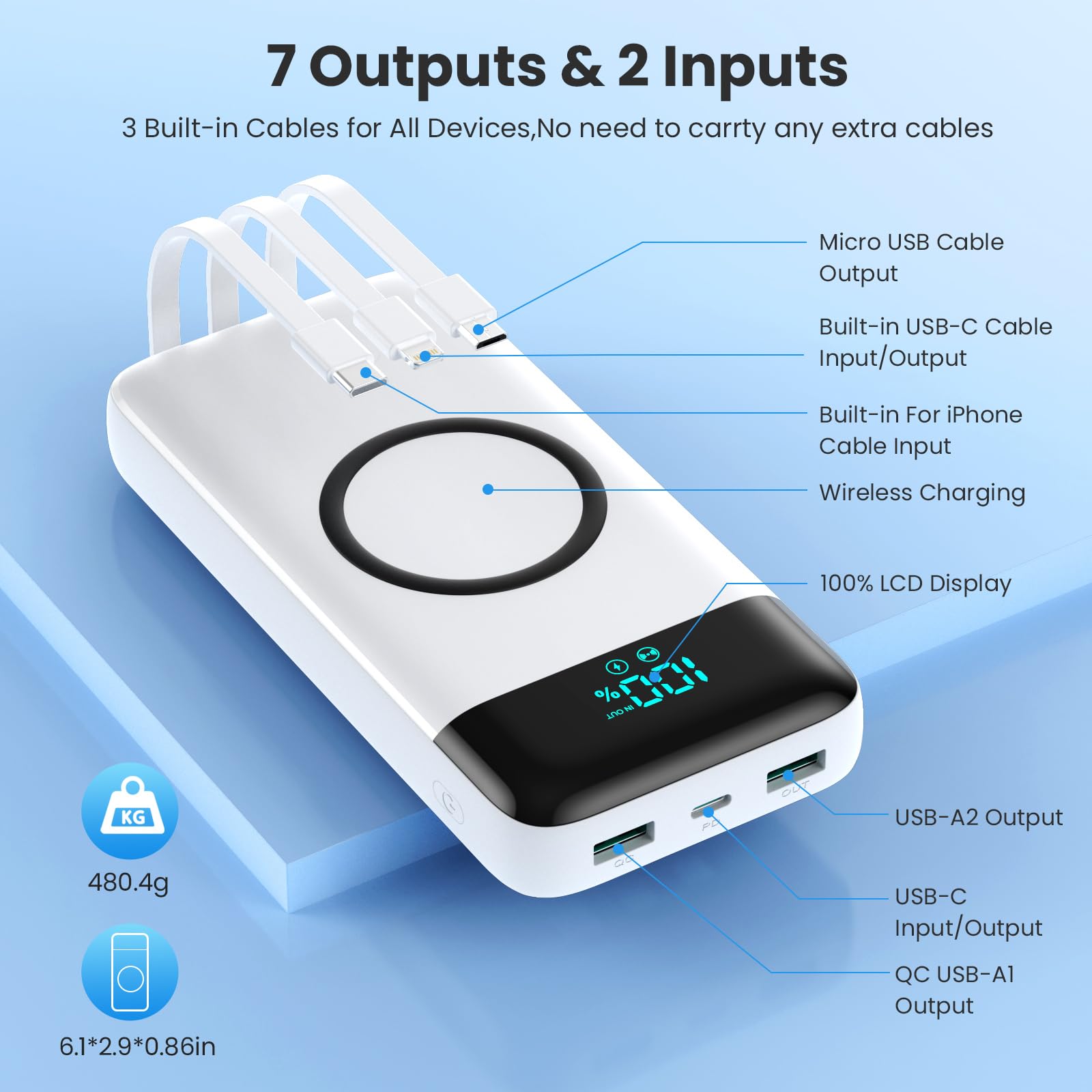 Ekrist Power Bank Wireless 26800mAh con 3 Cavi, 7 in 1 Caricatore Portatile Wireless Ricarica Rapida 25W PD3.0+QC4.0, Display LCD Batterie Esterna 6 Uscite Compatibile con iPhone Huawei Samsung ecc.