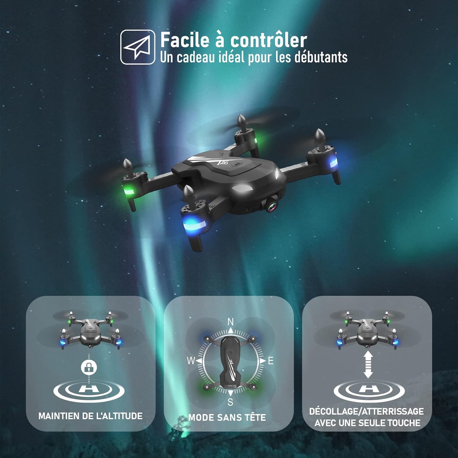 Wipkviey drone avec caméra 1080P-HD - T26 drones adulte, drone enfant avec vidéo, Flip 3D, Capteur de gravité, Maintien de l'altitude, Mode sans tête