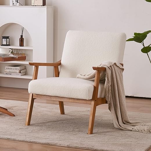 Karl home Mid-Century Accent Chair Modern Retro Leisure Chair with Solid Wood Frame Upholstered Teddy Fleece Fabric Single Sofa Armchair for Living Room, Bedroom, Balcont, Creamy-White