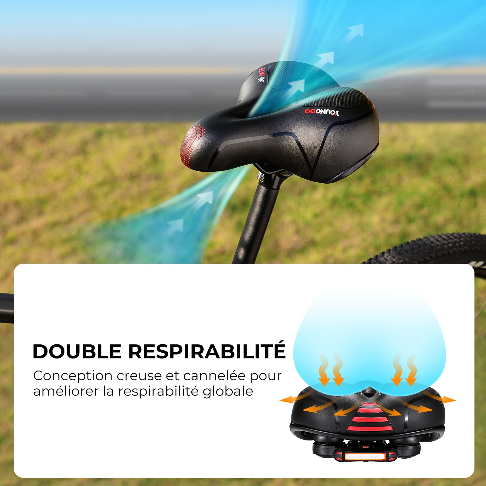 YOUNGDO Selle de Vélo Ultra Confortable, Selle Vélo avec Feu Arrière, Selle Velo Confortable avec Boule d'Amortisseur à Double Ressort, Imperméable, Doux, Respirant, pour Vélo de Ville/VTT