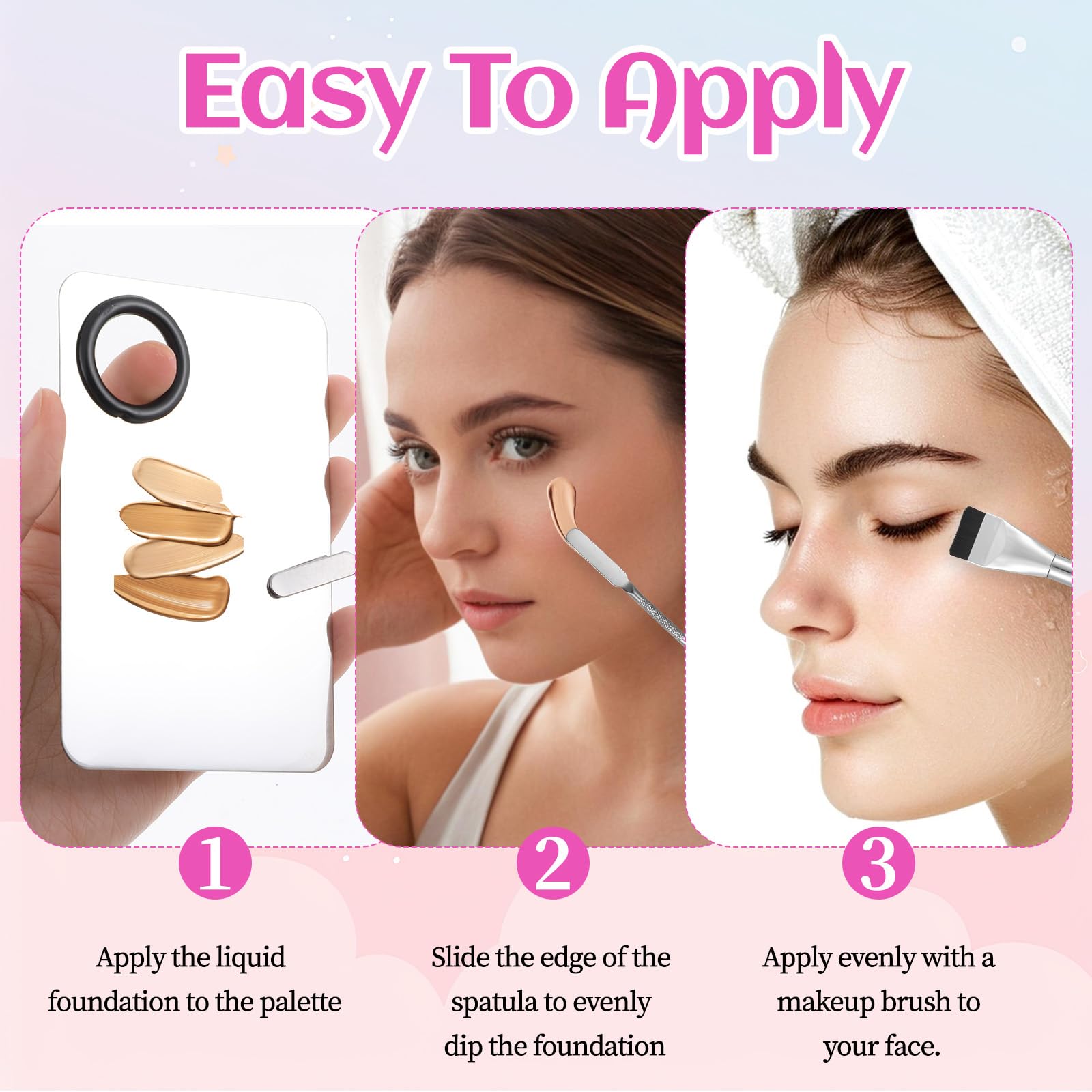 JJUNW Set di 3 tavolozze per make-up in acciaio inox, con spatola e pennello per fondotinta, tavolozza di miscelazione cosmetica per fondotinta