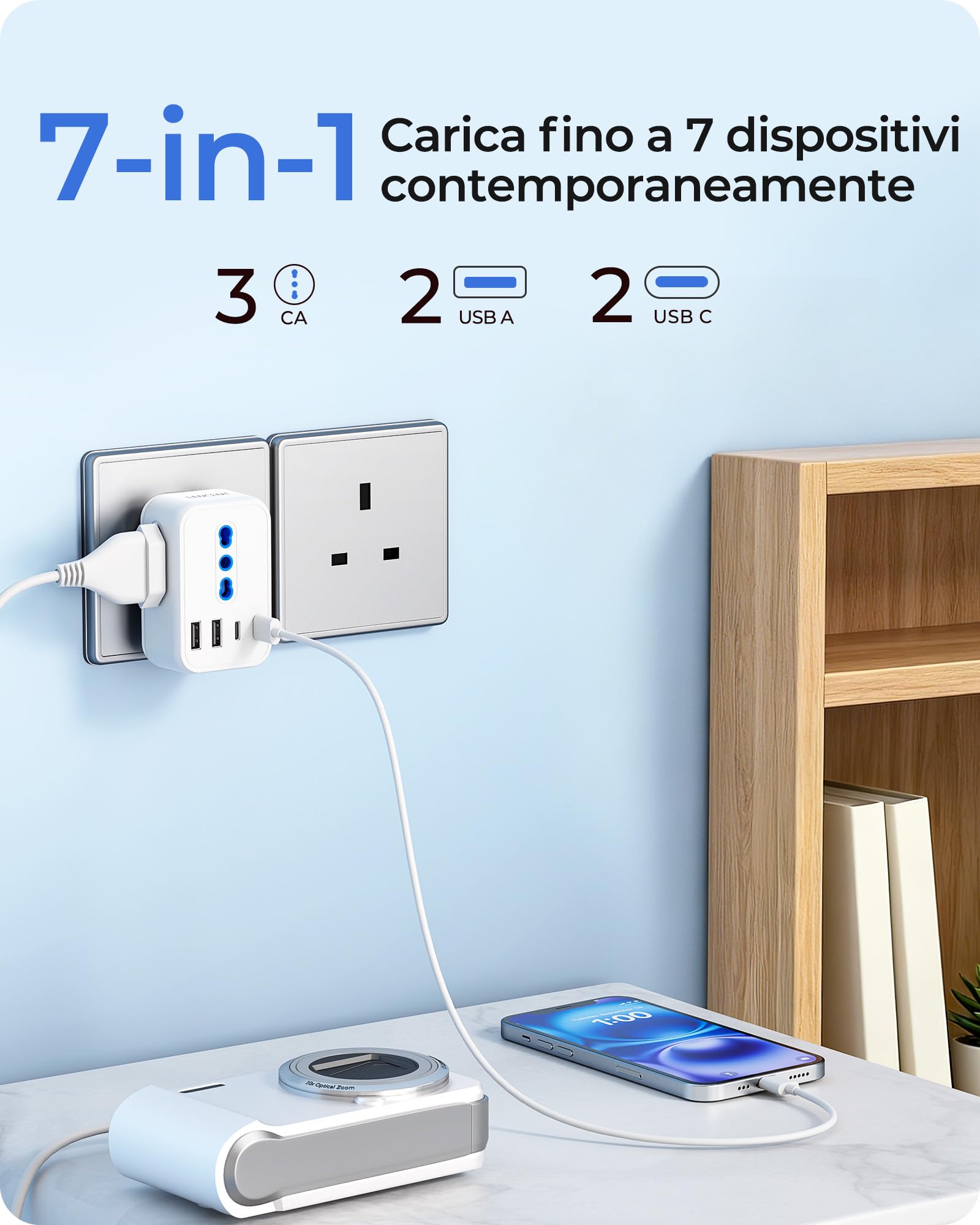 LENCENT Adattatore Presa Inglese da Viaggio, Spina Tipo G con 3 Prese Italiane e 4 Porte USB (USB-C 15W), 7 in 1 Presa UK da Viaggio per Regno Unito, Irlanda, Dubai, Maldive, Malta, Scozia -3250W