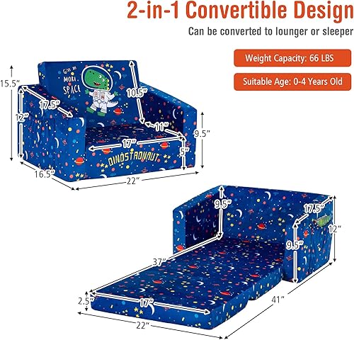 Miniatura 28 de Costzon Sofá para niños, sofá infantil abierto 2 en 1 con tela de terciopelo, bolsillos de almacenamiento, reposabrazos para niños pequeños, cama