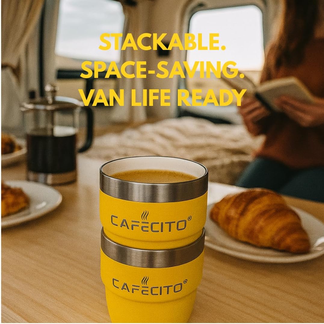 CAFECITO® 4 oz Stackable Espresso Cups – Set of 2 – Miami Yellow | Vacuum Insulated Stainless Steel – Double Wall Coffee Cups for Espresso & Cortadito – Giftable, Durable & Stackable Design