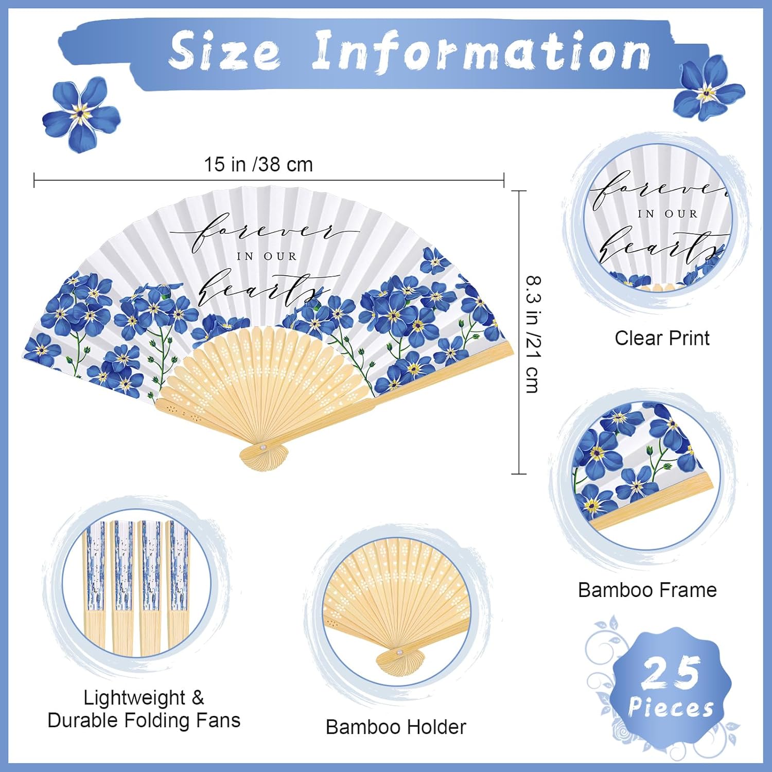 Threehoney 25 Pcs Funeral Favors Fans Forget Me Not Memorial Paper Celebration of Life Paper Handheld Fans Forever in Our Hearts Folding Fan for Guest Funeral Condolence Sympathy Gift