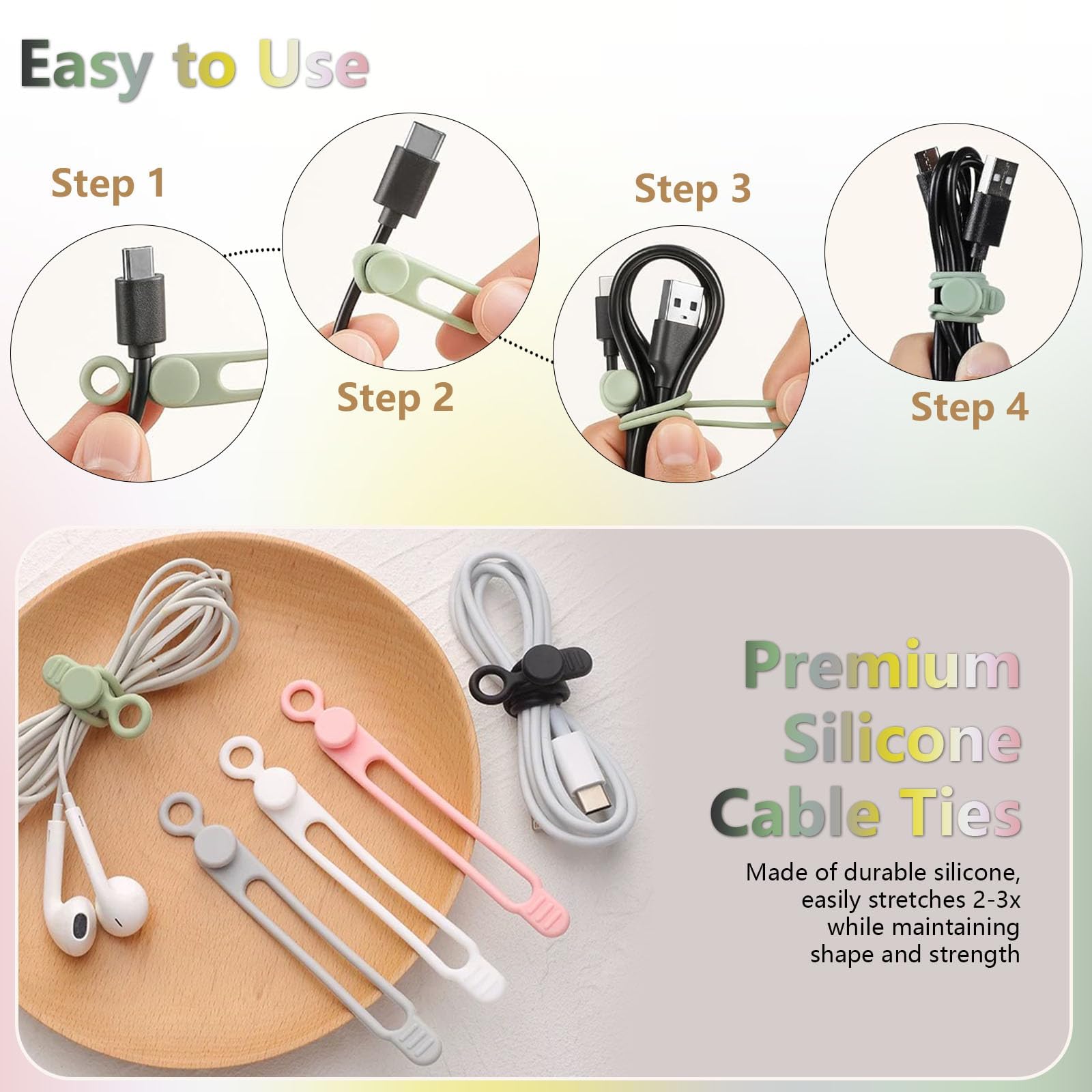Organizer per cavi dati, fascette in silicone elastiche e riutilizzabili per raggruppare e fissare auricolari e caricabatterie del telefono (6PCS)