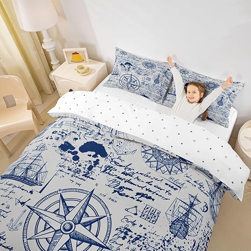 Miniatura 5 de jejeloiu Juego de ropa de cama con diseño de ancla para niños, funda de edredón con temática náutica para niños, adolescentes, decoración de