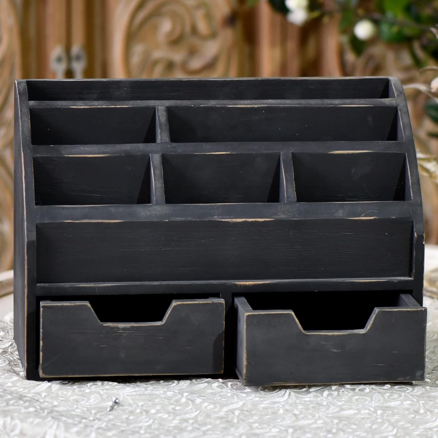 Farmhouse Gray Black Countertop Mail Organizer with Drawers, Wall Mount Rustic Mail Sorter, Holder for Desk Table Office Storage