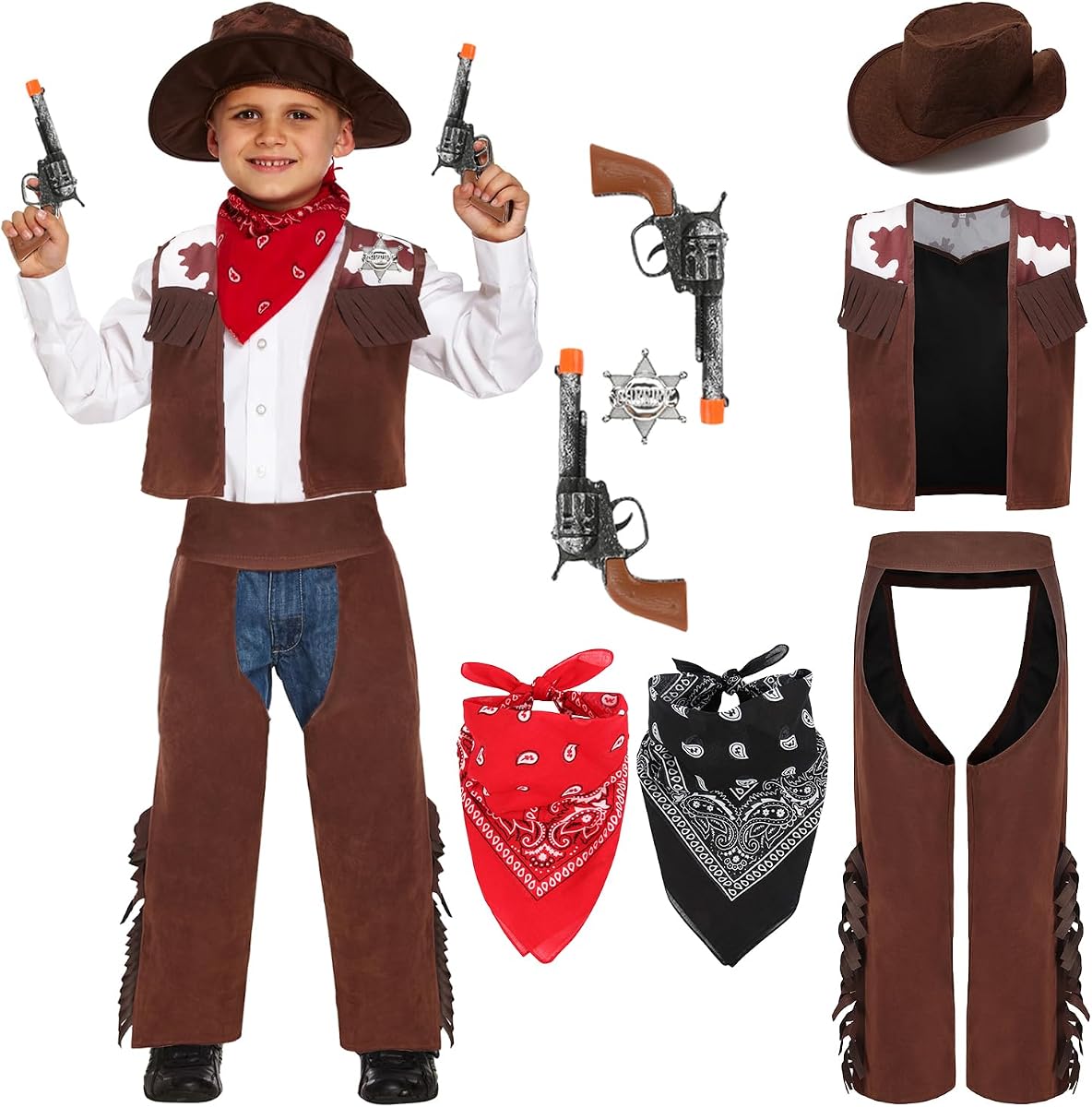 Kids Halloween Cowboy Costume Boys Western Cowgirl Police Cosplay | Soft Breathable Durable Costume Set, Cute Accessories Hat Scarf Badge, Halloween Cowboy Costume Western Police Cosplay