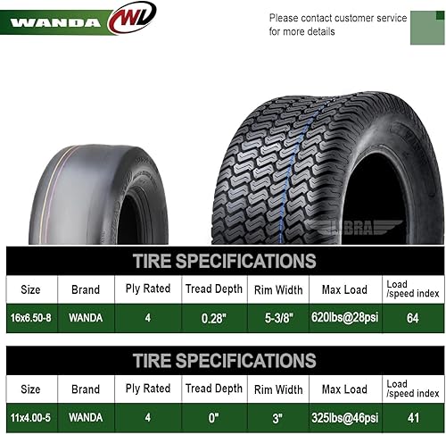 Miniatura 2 de WANDA Juego de 4 neumáticos de césped para cortacésped de giro cero 11x4-5 delanteros y 16x6.5-8 traseros/4PR -13204/13019