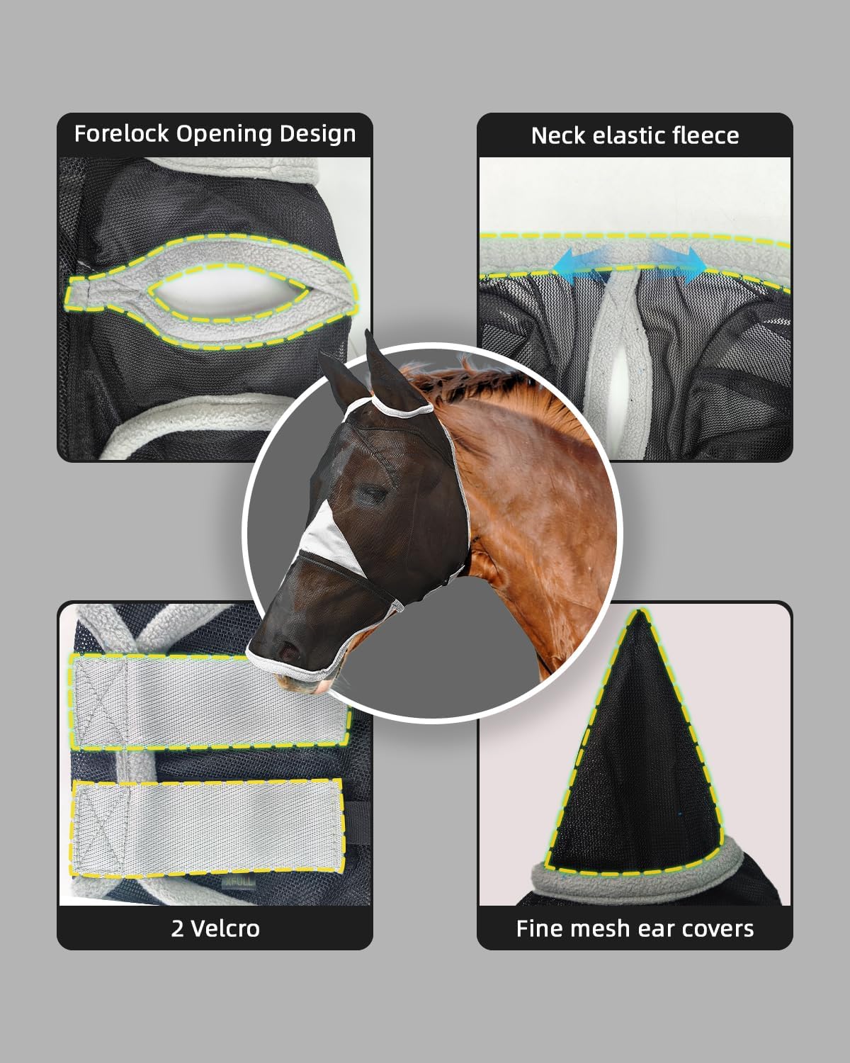Hilltown Horse Fly Mask with Nose Cover - Large Eye Space, Full Face UV-Block, Breathable Fabric, Adjustable Fit, Durable & Polar Fleece Trim, Horse Fly Mask for Hot or Bug-Heavy Areas - Pony, Grey