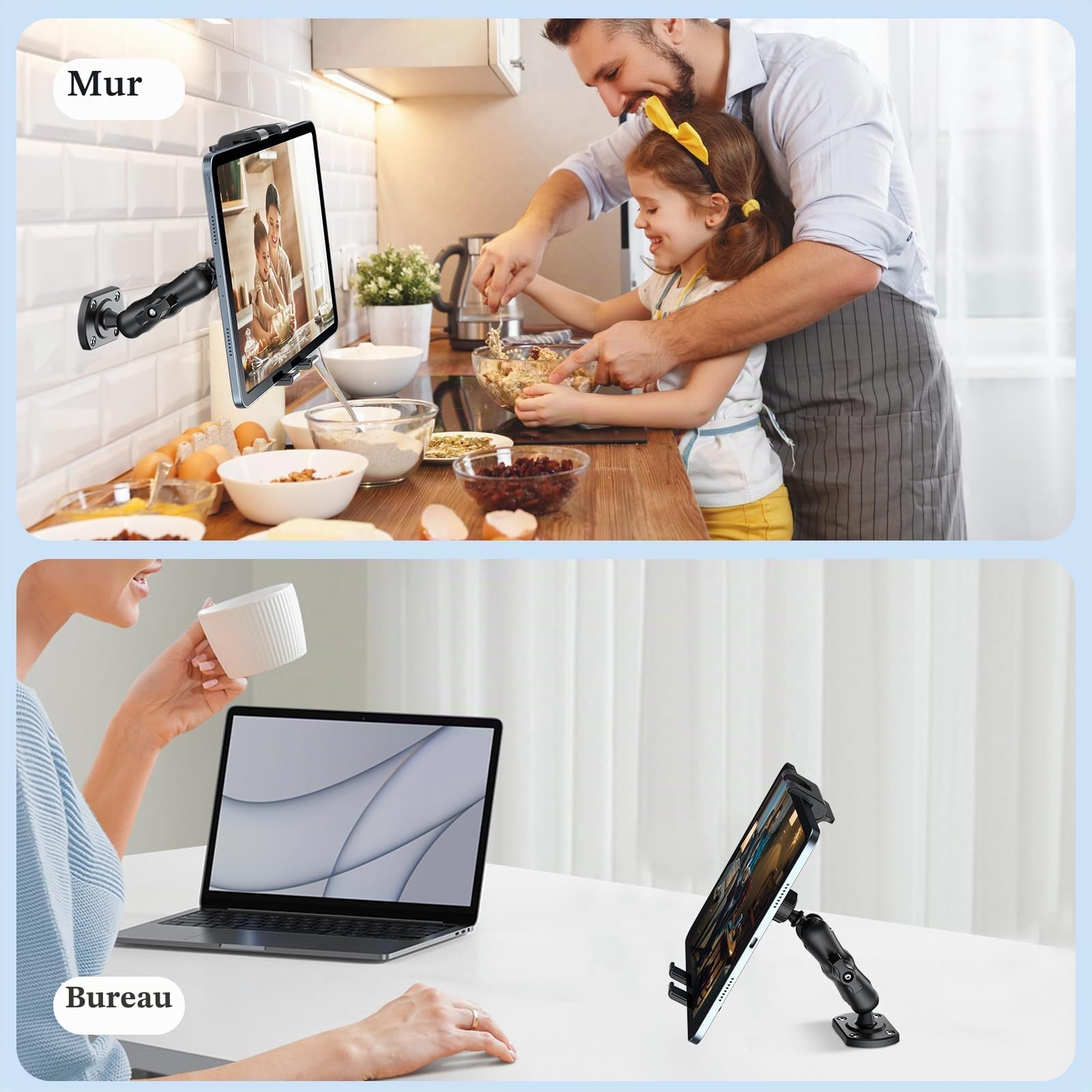 OHLPRO Support Tablette Voiture, Support ipad Voiture Universel 360° Rotatif Base Perçage+ Bras Réglable 15cm, Compatible iPad Pro/Mini Samsung 4-13" Tablettes Camion & Tableau de Bord