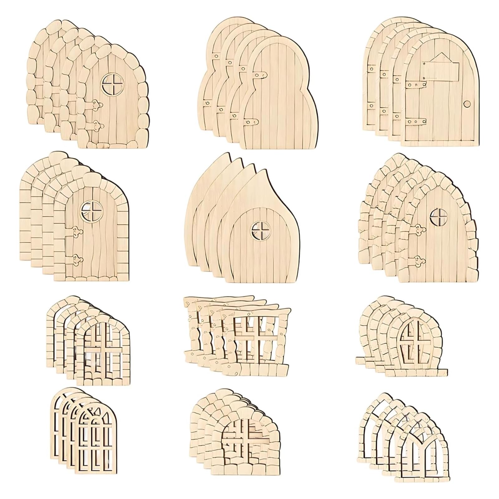 Binmiza 48 Pcs Fairy Door,Unfinished Wooden Fairy Doors & Windows,Whimsical Elf Door Collection With Natural Wood Finish,for Garden Trees Forhome Office Birthday Wedding Party Decorationantique