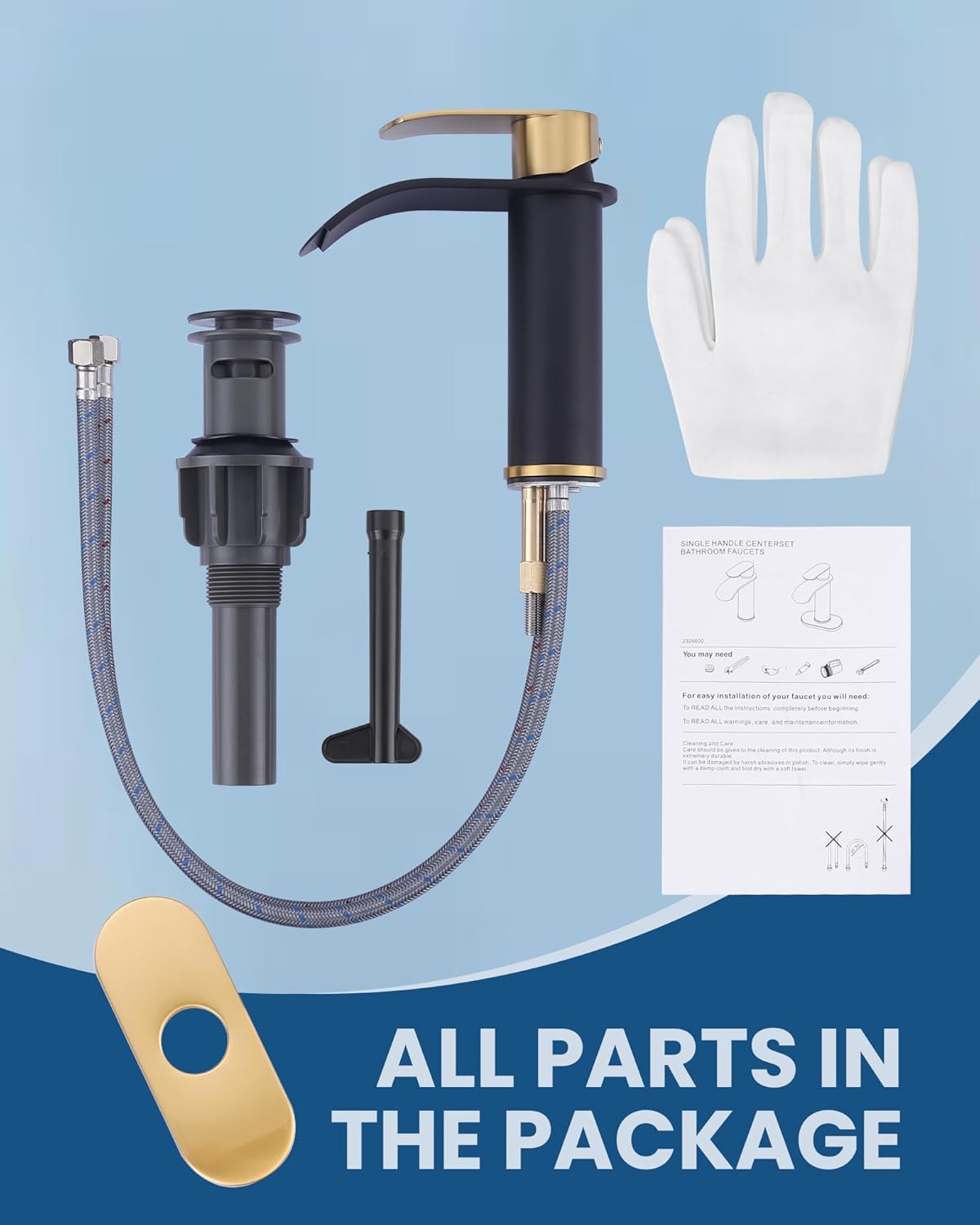 Waterfall Bathroom Faucet: WOWOW Black and Gold Modern Single Handle Bathroom Faucets for 1 or 3 Hole Bathroom Sink Faucet Mixer Tap Washbasin Faucet with Deck, Pop-up Drain and Supply Hoses - Image 8