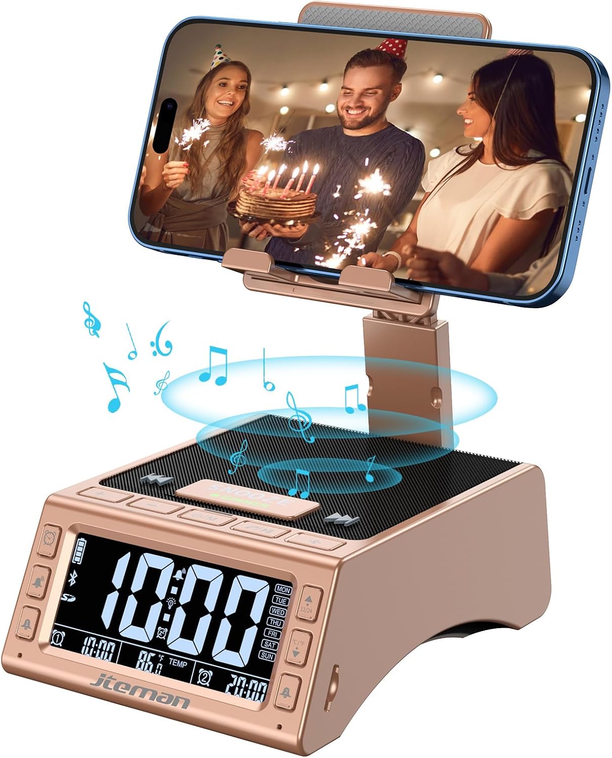 JTEMAN Gifts for Men Women,Cell Phone Stand with Wireless Bluetooth Speaker,Adjustable Cool Tech Kitchen Gadgets,Unique Birthday Gift Idea for Him, Husband, Boyfriend（Rose Gold）