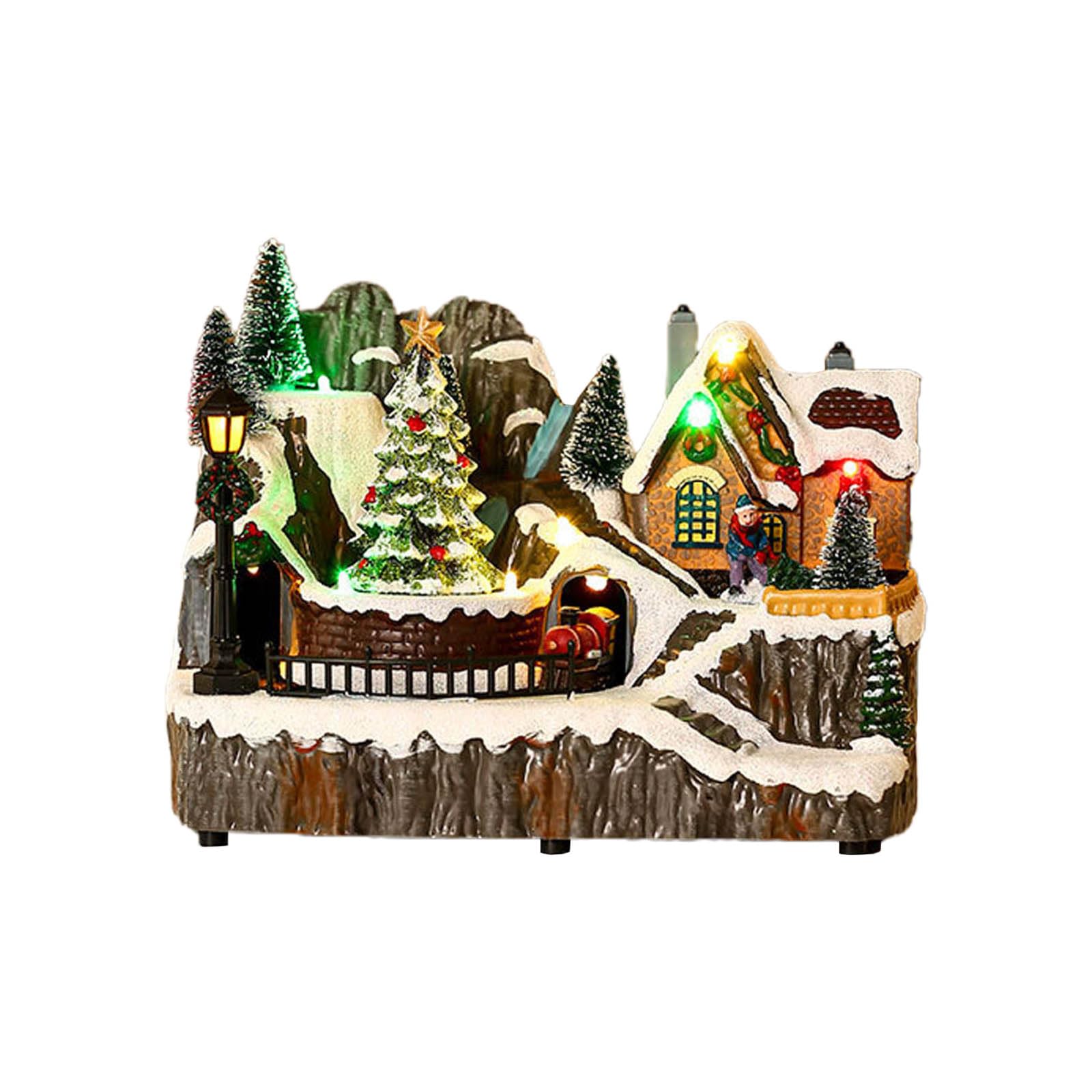 Figura decorativa de casa de pueblo de Navidad con luz LED giratoria, decoración para el hogar, festival, vacaciones, Año Nuevo