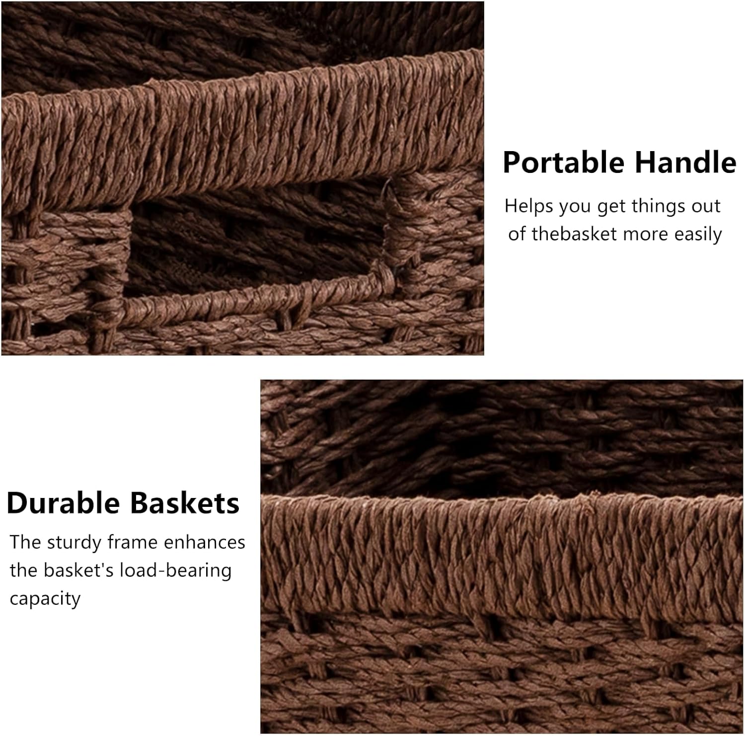 joybest Wicker Storage Baskets, Set of 4 Hand-Woven Paper Rope Dark Brown Baskets for Organizing, Foldable Rectangular Storage Organizer Bins for Shelves with Handles 13.4L x 8.3W x 7.1H