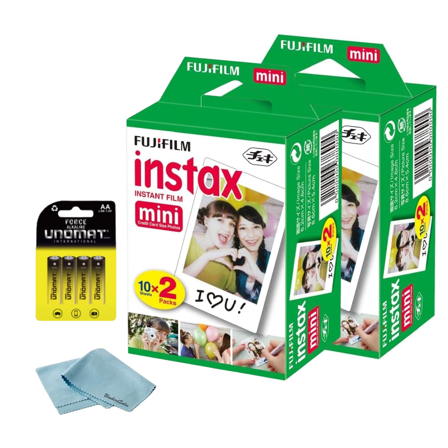 Fujifilm Instax Mini Instant Film, 40 Shots (10 Sheets x 4) – Capture Memories Anytime, Anywhere + BluebirdSales Premium Cleaning Cloth & 8 AA Batteries - 1