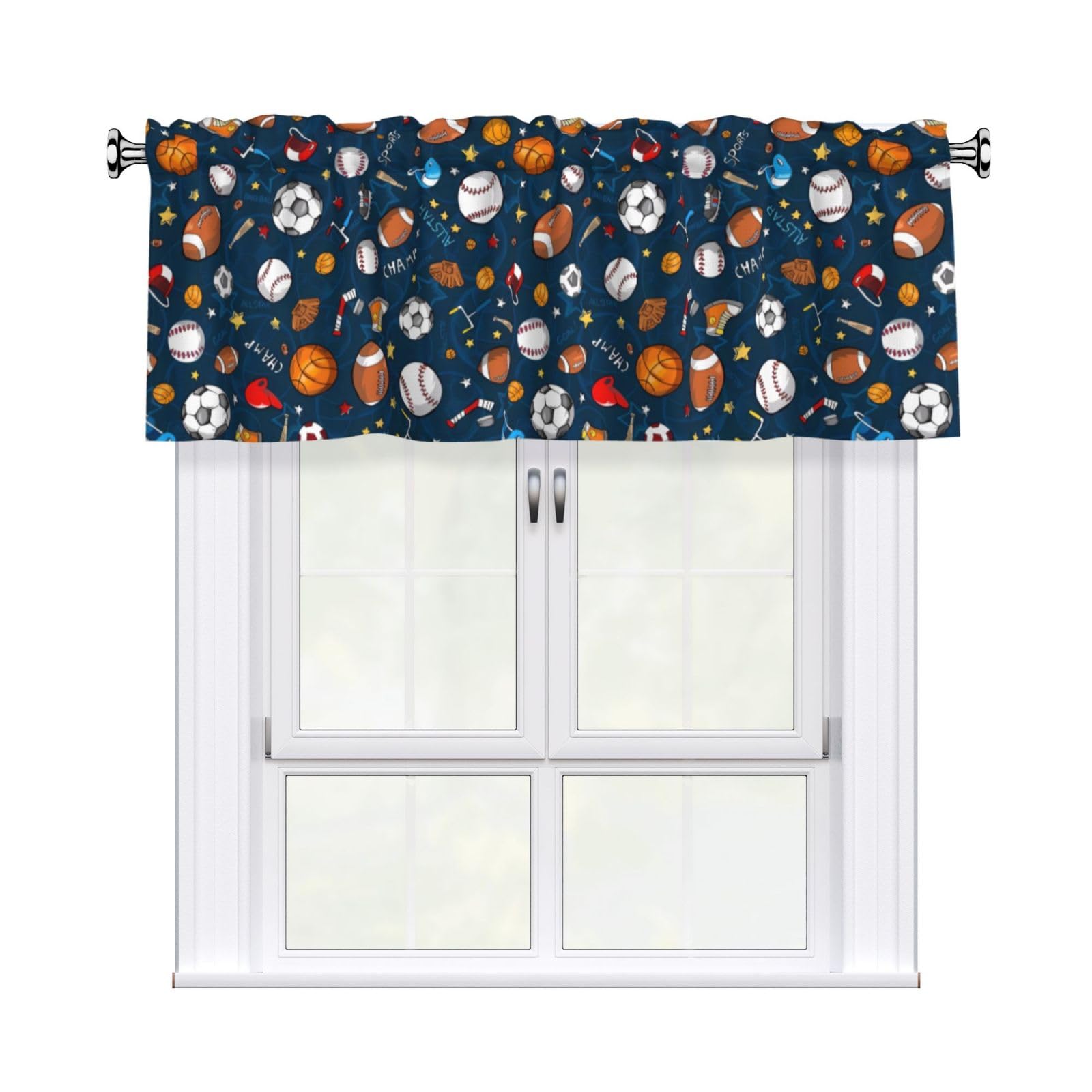 HJFCZH WHJSSF Baseball Basketball Football Hockey Prints 54x18in Curtain Valance - Peach Skin Polyester Kitchen Cover with Light Filtering Floral & 3" Rod Pocket