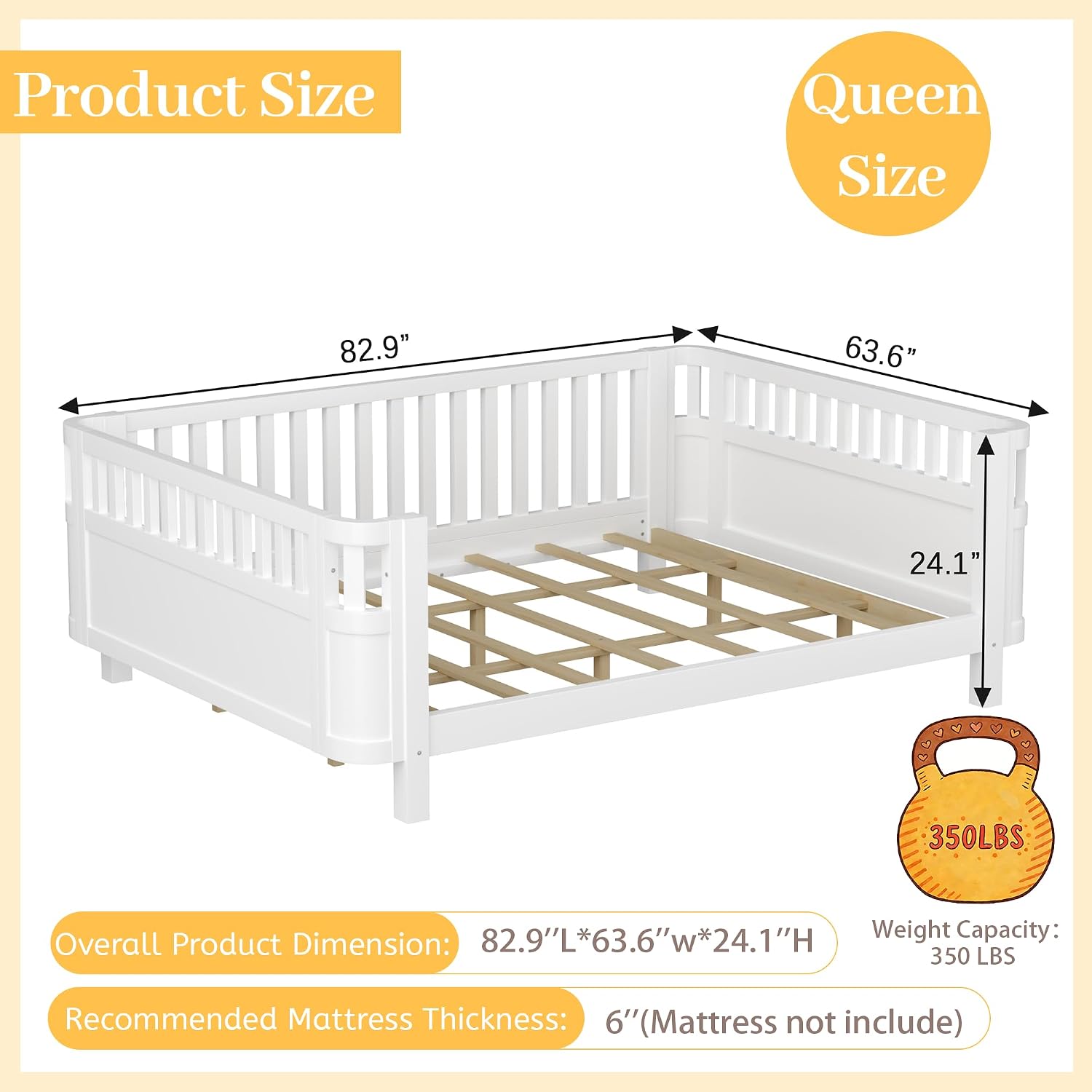 Queen Bed Frame for Kids Bed with Rails, Low Montessori Bed with Slats Support, Wood Daybed with Detachable Side Rails for Bedroom Living Room, White