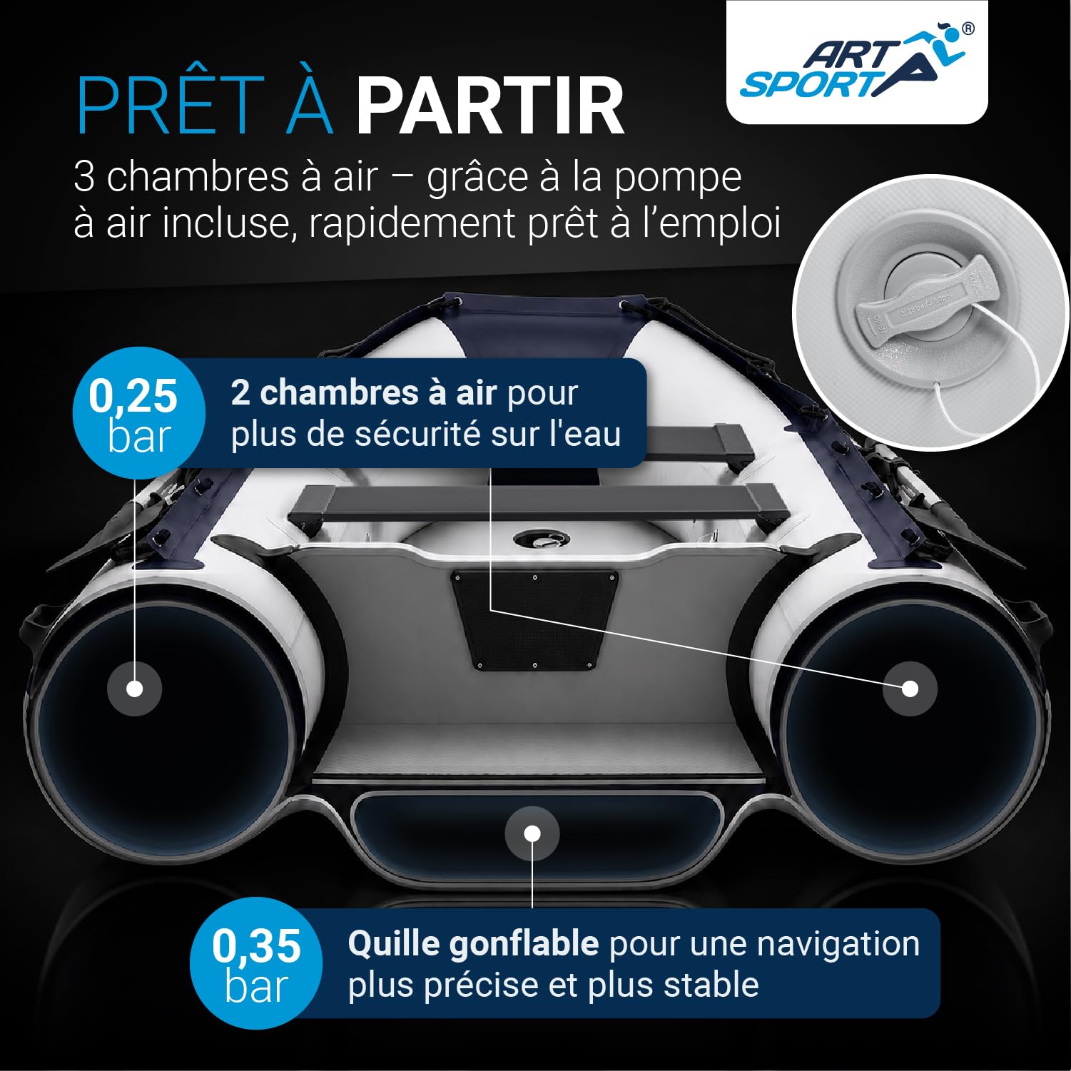 ArtSport Bateau pneumatique 3,20 m pour 4 Personnes avec 2 bancs et Plancher en Aluminium – Bateau à rames avec pagaie, Pompe à air, Sac et kit de réparation – Bateau de pêche Gonflable
