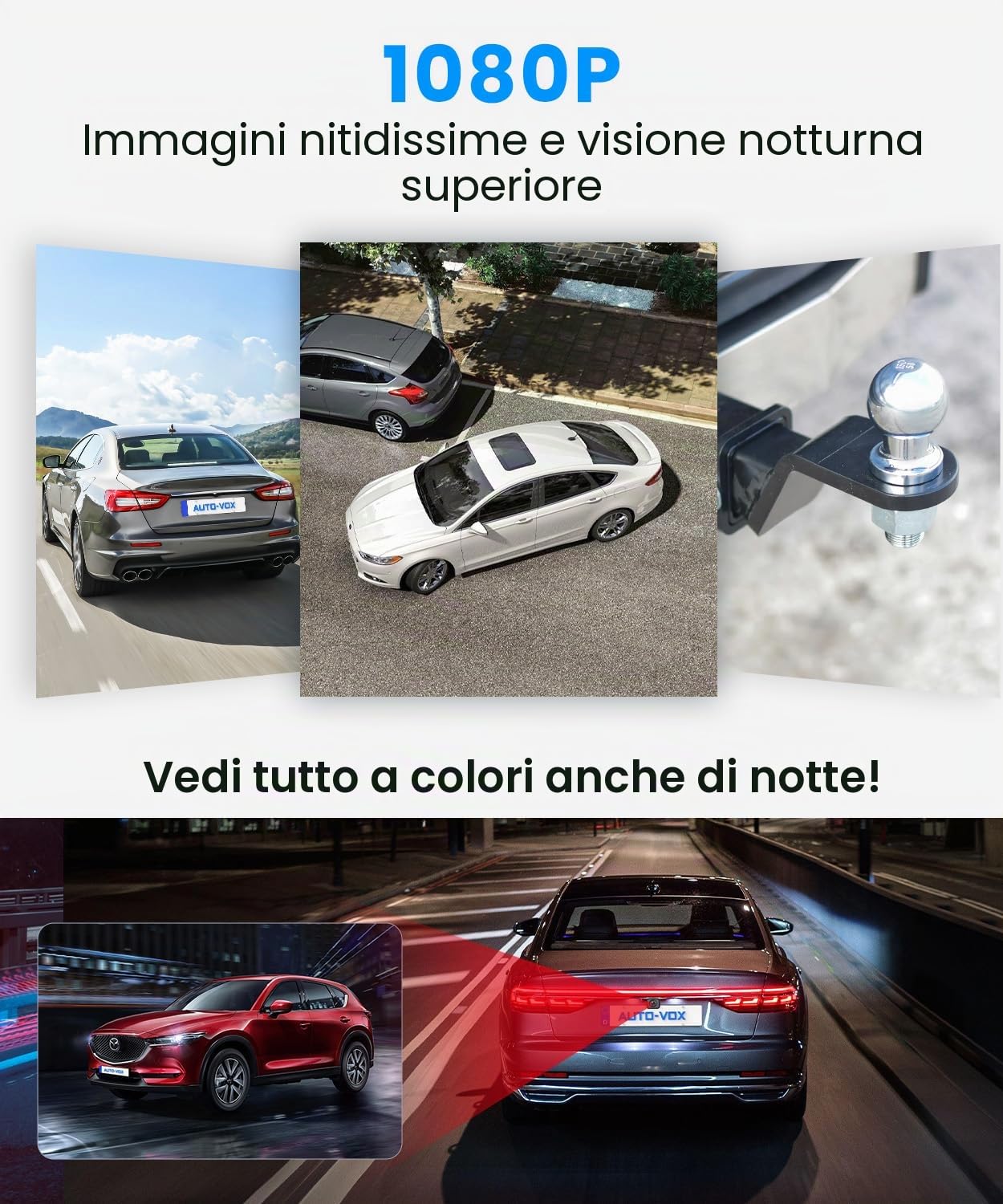 AUTO-VOX Telecamera posteriore wireless: 4,8 pollici HD 1080P visione notturna IP69K impermeabile facile montaggio telecamera posteriore per auto, camion, camper, segnale