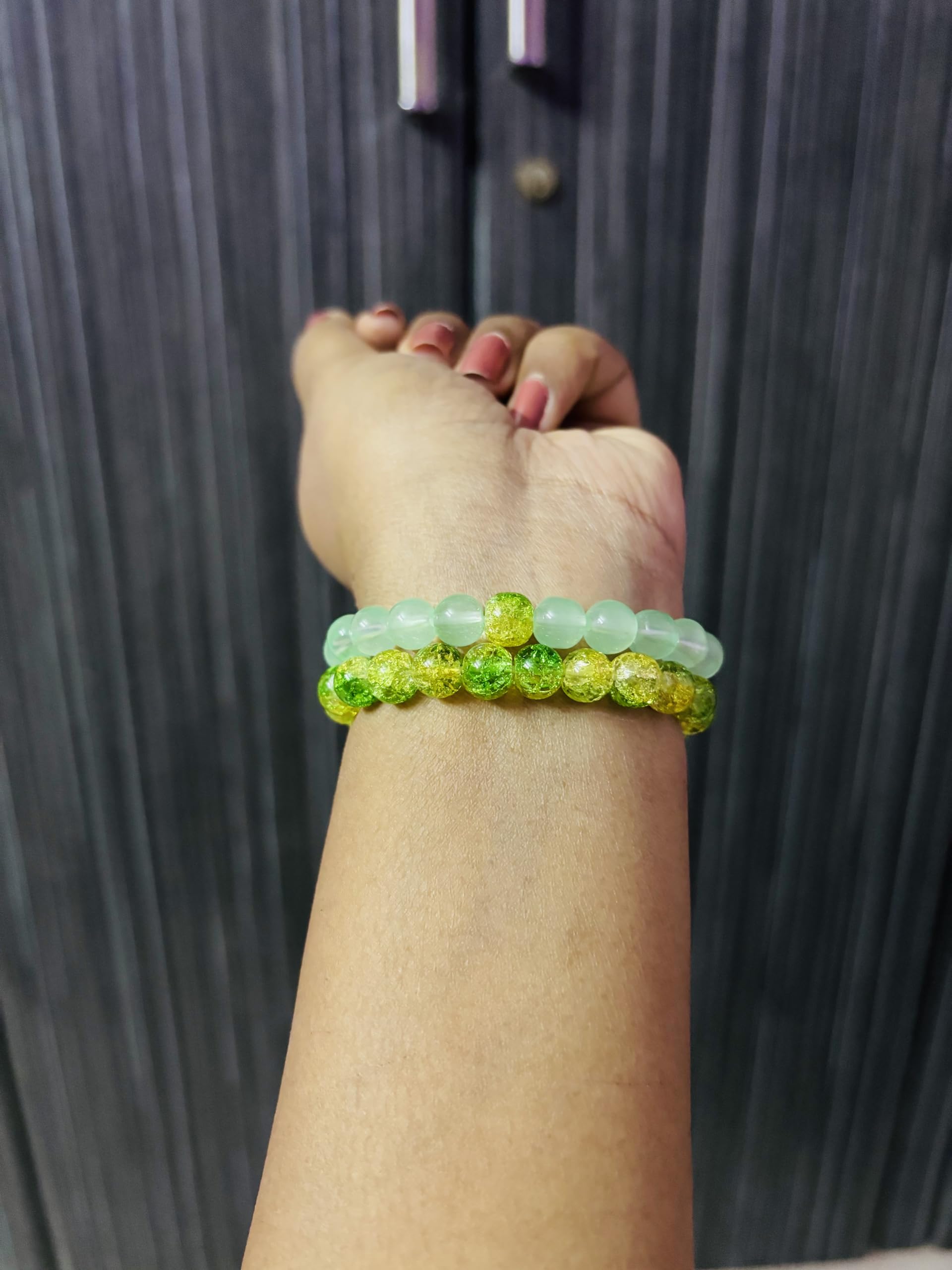 Lime Yellow Glass Bead with Crackled Crystal Bracelet Combo of 2