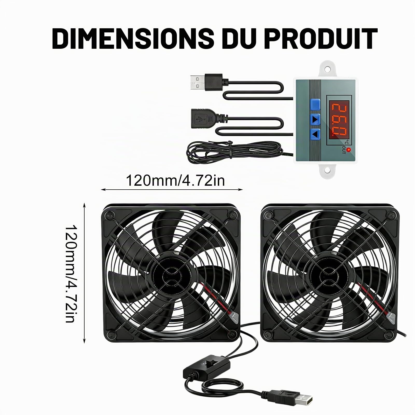 Lot de 2 ventilateurs USB, 120 mm, avec régulateur de température numérique, 5 V, 3 vitesses réglables, double roulement à billes, pour PS5/ordinateur portable/TV Box/AV, armoire, routeur