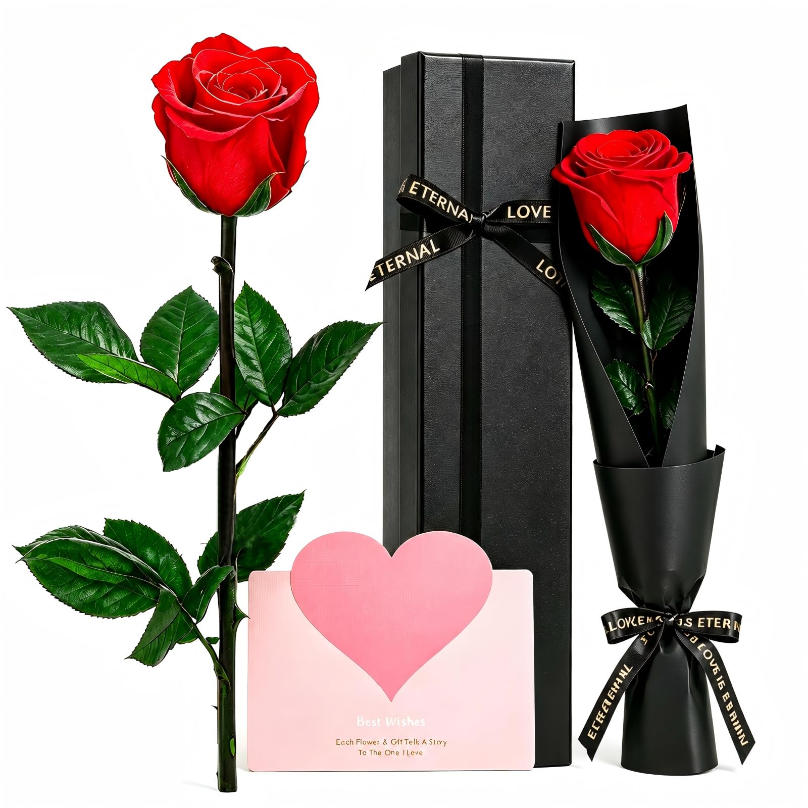 XIATIAN Preserved Real Rose, Single Red Rose with Stem, Eternal Rose