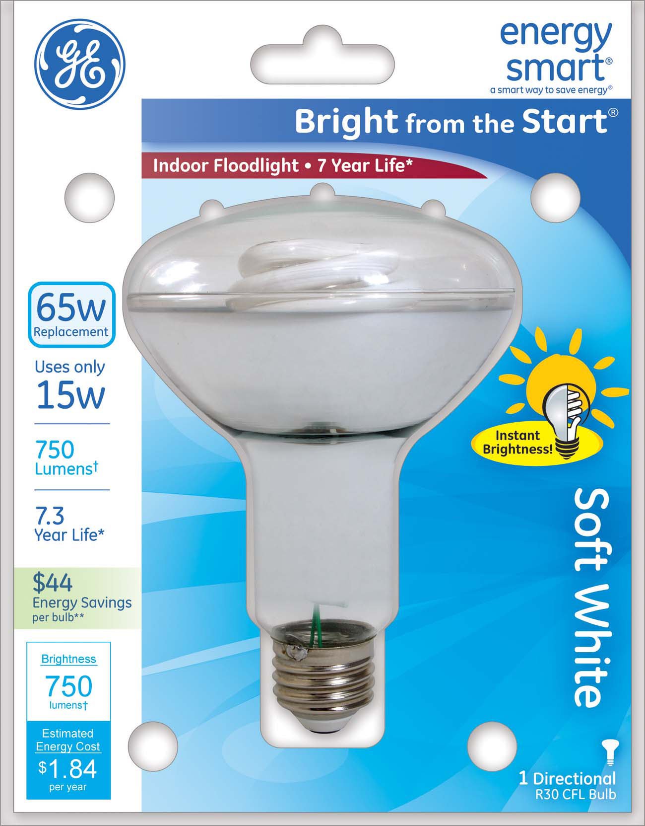 GELighting 60312 Energy Smart Bright from The Start CFL 15-watt 750-Lumen R30 Indoor Flood Light Bulb with Medium Base