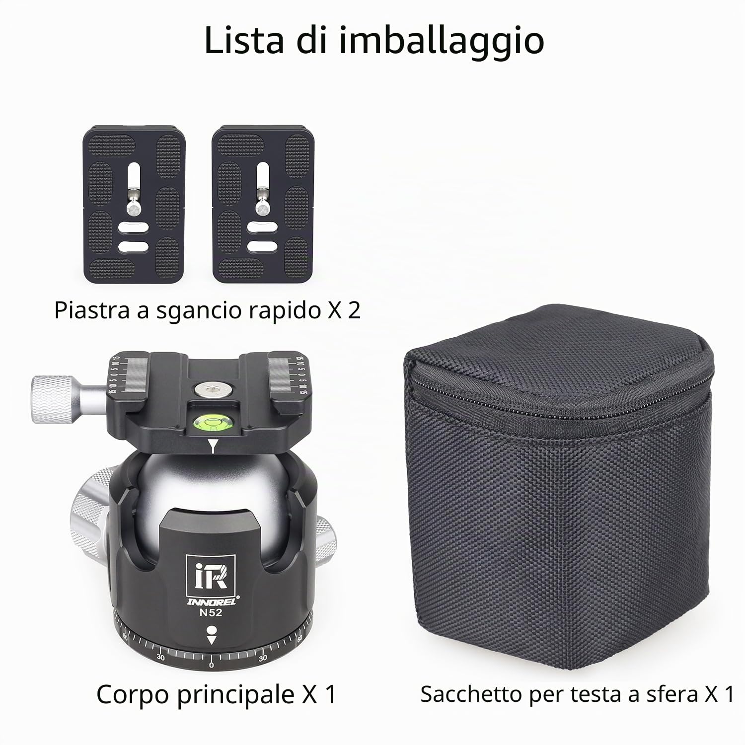 INNOREL N52 Treppiede a sfera a basso profilo con testa a sfera panoramica CNC in metallo con due piastre a sgancio rapido Arca Swiss per treppiede, monopiede DSLR videocamera carico massimo 30kg