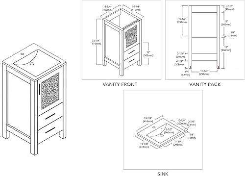 Miniatura 2 de Blossom Tocador de baño de madera maciza de 16 pulgadas con fregadero de cerámica, gabinete de tocador independiente para fregadero individual,
