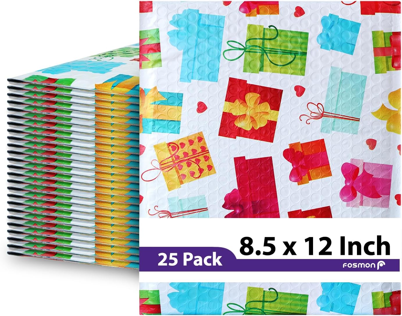 Fosmon #2 Gift Poly Bubble Mailer 8.5 x 12 inches (50 Pack), Lightweight Water/Dust/Shock/Tear Resistant Padded Shipping Envelopes - Birthday, Celebrations, Holiday